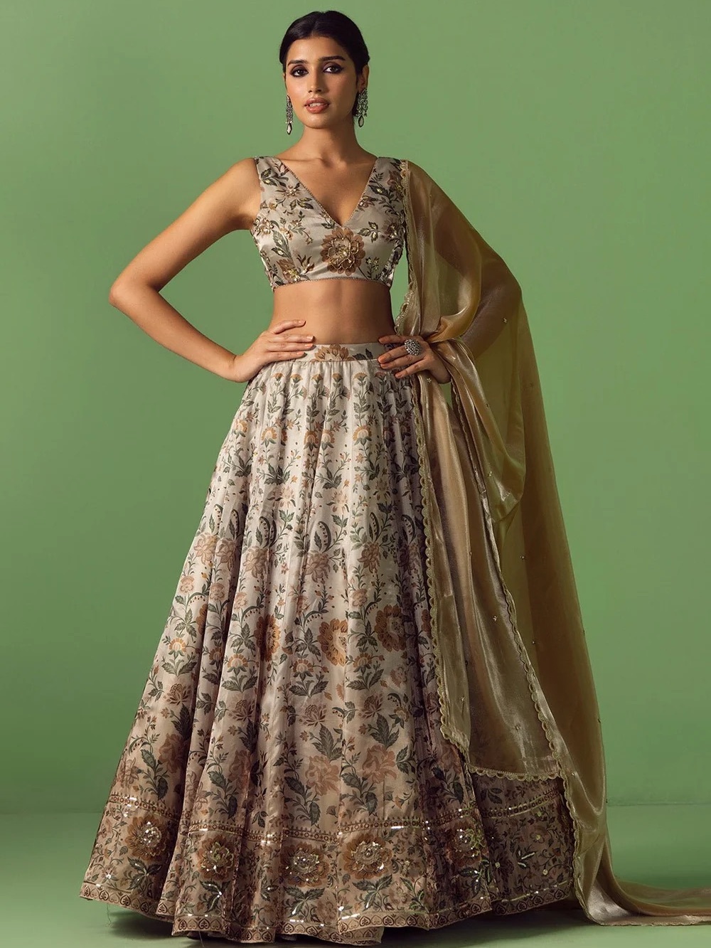 Beige Floral Embroidered LEHENGAS Top & Skirt Set INDIAN WEDDING GUEST DRESS